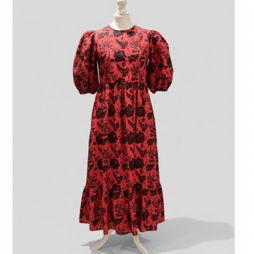 NEW ZARA Maxi Floral Embroidered Dress SMALL Red Balloon Sleeve
